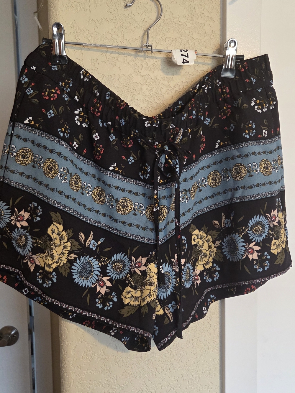 LOFT Black High-Waist Floral Border Shorts with Blue and Gold Trim